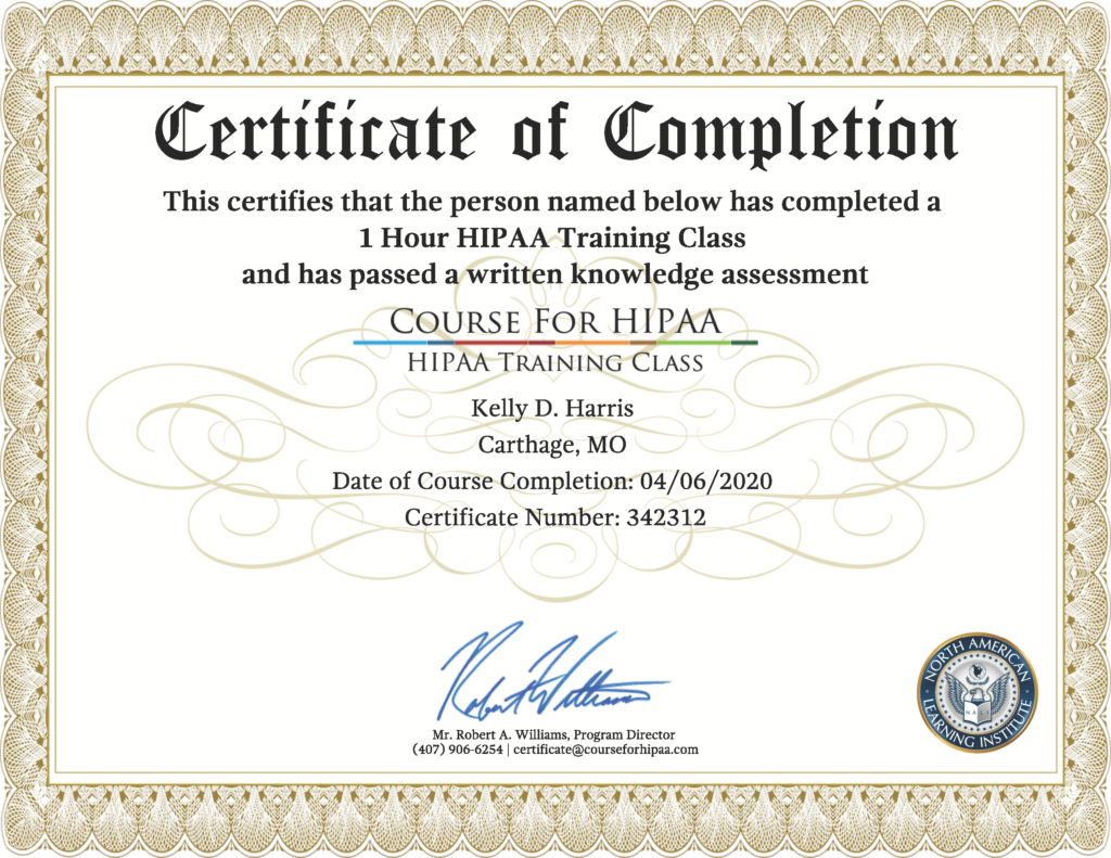 HIPAA Certificate